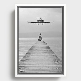 Steady As She Goes 6; aircraft coming in for an island landing female in bikini black and white photography - photographs - photograph Framed Canvas