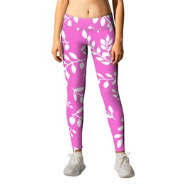 White Leaves on a Rose Pink background Leggings