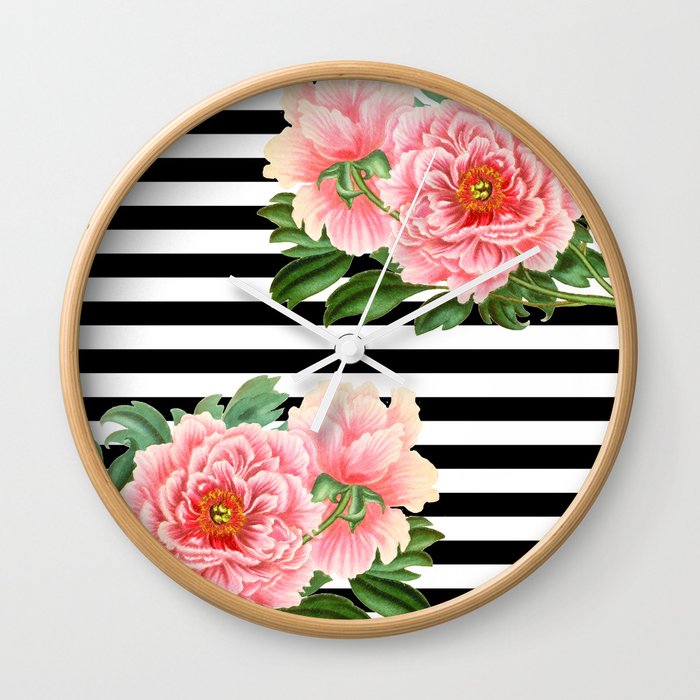 Pink Peonies Black Stripes Wall Clock