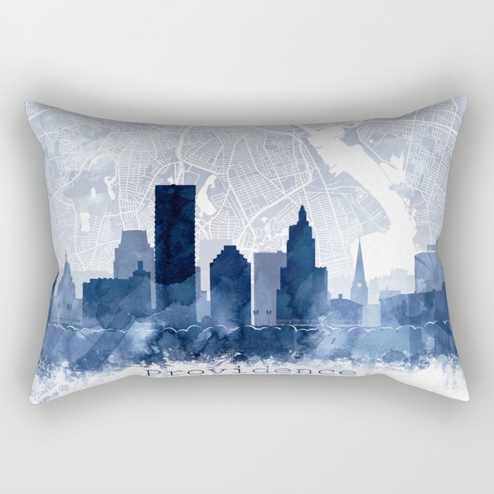 Providence Skyline & Map Watercolor Navy Blue, Print by Zouzounio Art Rectangular Pillow