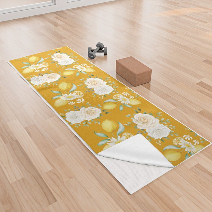 Lemons and White Flowers Pattern On Mustard Background Yoga Towel