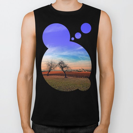Trees, sunset, clouds, panorama and village | landscape photography Biker Tank