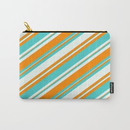 [ Thumbnail: Mint Cream, Dark Orange & Turquoise Colored Lined/Striped Pattern Carry-All Pouch ]