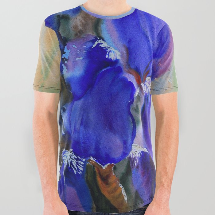 Blue Watercolor Flowers All Over Graphic Tee