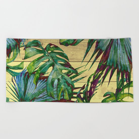 Tropical Palm Leaves on Wood Beach Towel