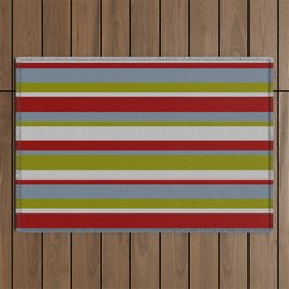 [ Thumbnail: Slate Gray, Green, Grey & Dark Red Colored Pattern of Stripes Outdoor Rug ]