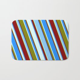 [ Thumbnail: Vibrant Blue, Light Sky Blue, Light Cyan, Green & Dark Red Colored Lined/Striped Pattern Bath Mat ]