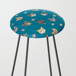 Cats with Paws Pattern/Hand-drawn in Watercolour/Blue Stripe Background Counter Stool