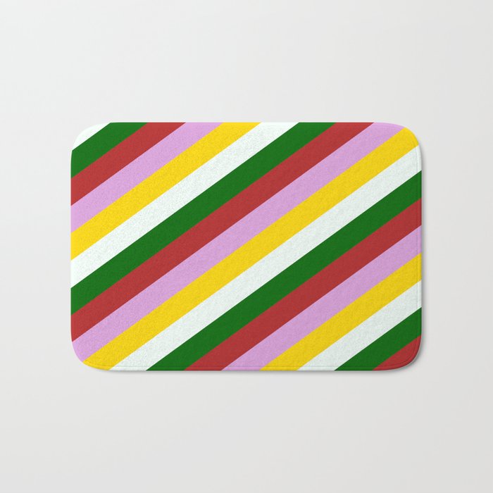 Colorful Dark Green, Red, Plum, Yellow, and Mint Cream Colored Lined Pattern Bath Mat