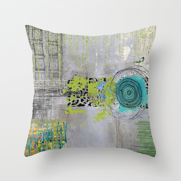 Teal & Lime Round Abstract Art Collage Throw Pillow