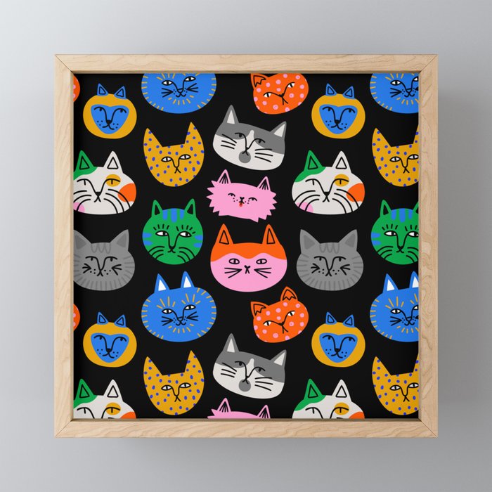 Funny colorful cat cartoon pattern Framed Mini Art Print