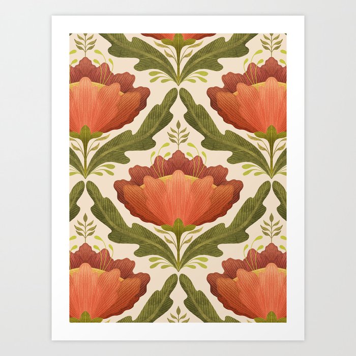 Diamond Floral Pattern Orange Art Print