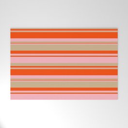 [ Thumbnail: Red, Light Pink, and Tan Colored Lined/Striped Pattern Welcome Mat ]