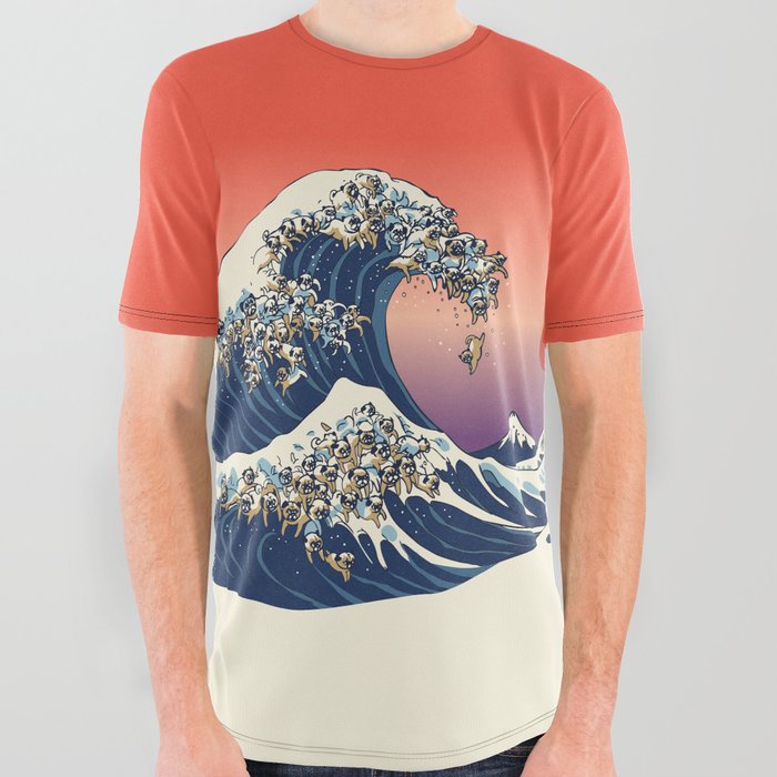 The Great Wave of Pug All Over Graphic Tee