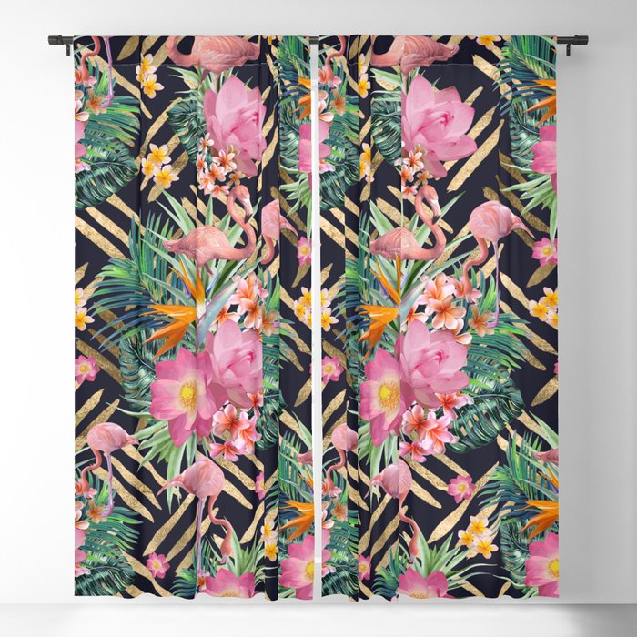 Tropical floral, flamingos and gold strokes pattern Blackout Curtain