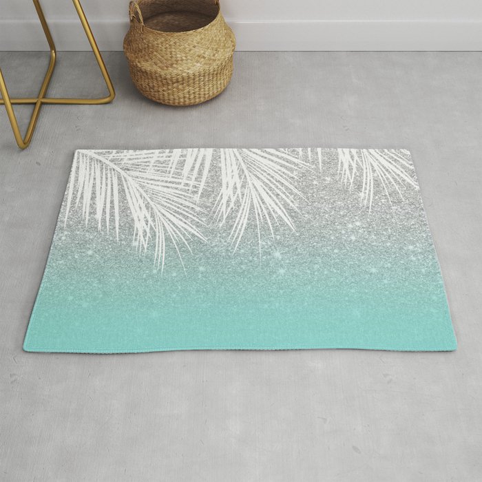 Modern tropical white palm tree silver glitter ombre on robbin egg blue turquoise Rug