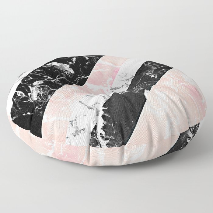 Modern black white pastel pink marble color block stripes Floor Pillow
