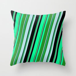 [ Thumbnail: Green, Forest Green, Powder Blue, and Black Colored Striped/Lined Pattern Throw Pillow ]
