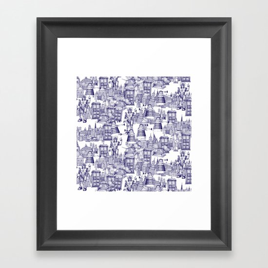 Doctor Who Toile de Jouy | 'Walking Doodle' | Blue Framed Art Print