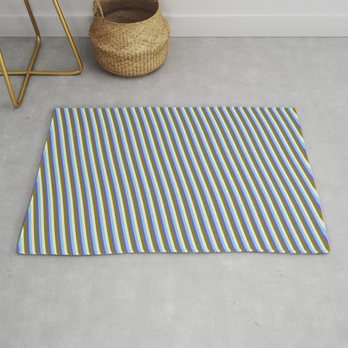 Sky Blue, Slate Blue, Green, and Beige Colored Striped Pattern Rug