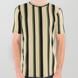 [ Thumbnail: Dark Olive Green, Tan & Black Colored Striped Pattern All Over Graphic Tee ]