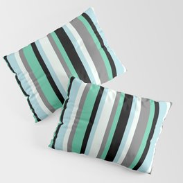 [ Thumbnail: Aquamarine, Black, Powder Blue, Mint Cream, and Gray Colored Pattern of Stripes Pillow Sham ]