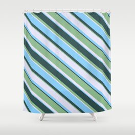[ Thumbnail: Lavender, Light Sky Blue, Dark Slate Gray, and Dark Sea Green Colored Lines/Stripes Pattern Shower Curtain ]