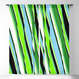[ Thumbnail: Colorful Forest Green, Light Sky Blue, Green, White, and Black Colored Pattern of Stripes Blackout Curtain ]