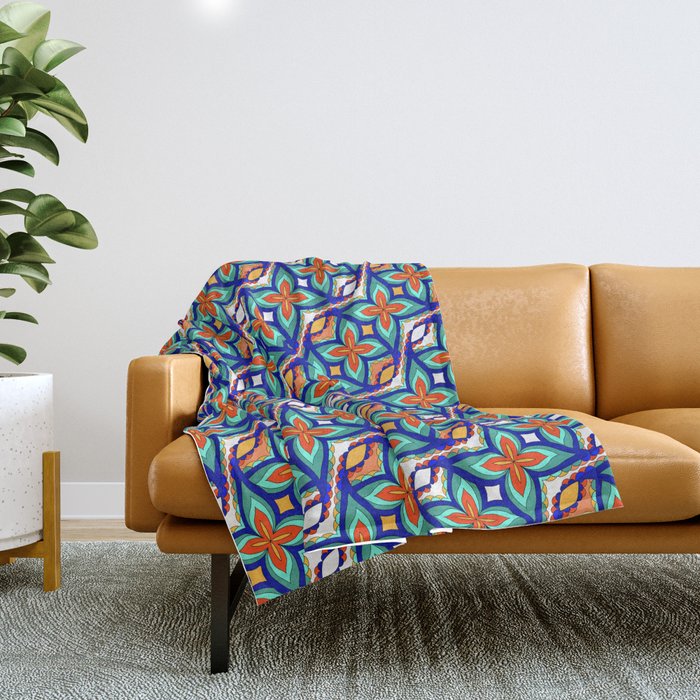 Retro Flower Tile Pattern - Hummingbird Charm Throw Blanket