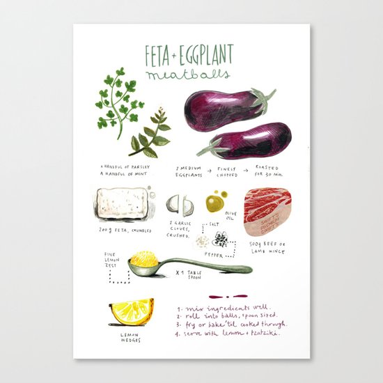 illustrated recipes: feta and eggplant meatballs Canvas Print