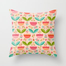 Hand Drawn Folk Art Floral with Woodgrain texture on Soft Apricot Throw Pillow