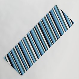 [ Thumbnail: Eyecatching Blue, Sky Blue, Dark Slate Gray, White, and Black Colored Stripes Pattern Yoga Mat ]