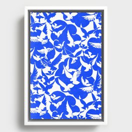 Bright Blue and White Flying Birds Design Framed Canvas