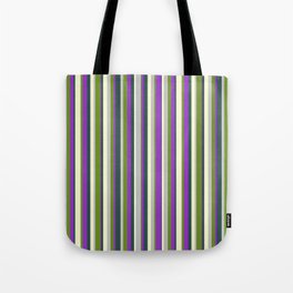 [ Thumbnail: Colorful Light Yellow, Dark Slate Gray, Dark Orchid, Green, and Grey Colored Striped Pattern Tote Bag ]