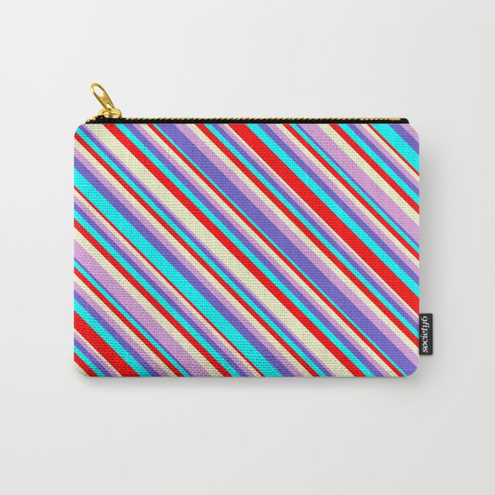 Eyecatching Light Yellow, Plum, Slate Blue, Aqua & Red Colored Stripes/Lines Pattern Carry-All Pouch