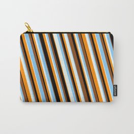 [ Thumbnail: Vibrant Brown, Light Sky Blue, Mint Cream, Dark Orange & Black Colored Stripes/Lines Pattern Carry-All Pouch ]