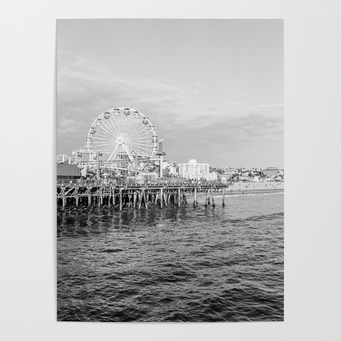 Sunset At Santa Monica Pier Photo | California Beach Art Print | Black And White Travel Photography Poster