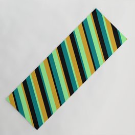[ Thumbnail: Green, Goldenrod, Black, and Teal Colored Lined/Striped Pattern Yoga Mat ]