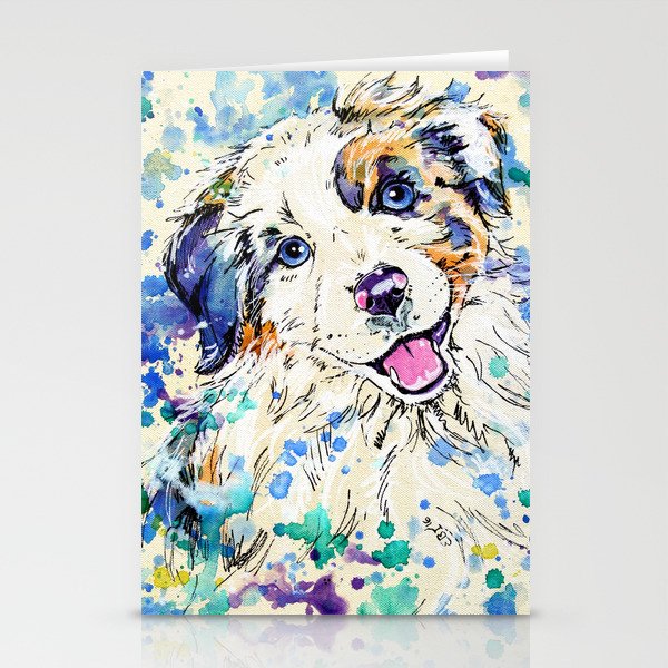 Aussie Pup Australian Shepherd Dog Painting Stationery Cards By