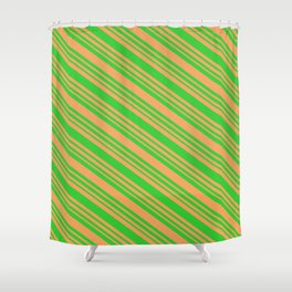 [ Thumbnail: Brown & Lime Green Colored Striped/Lined Pattern Shower Curtain ]