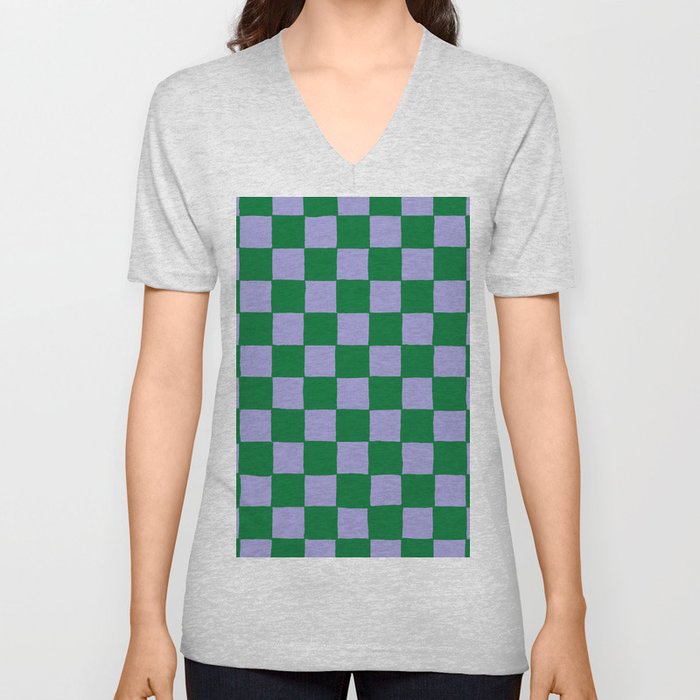 Retro Hand-Painted Checker in Green + Violet V Neck T Shirt