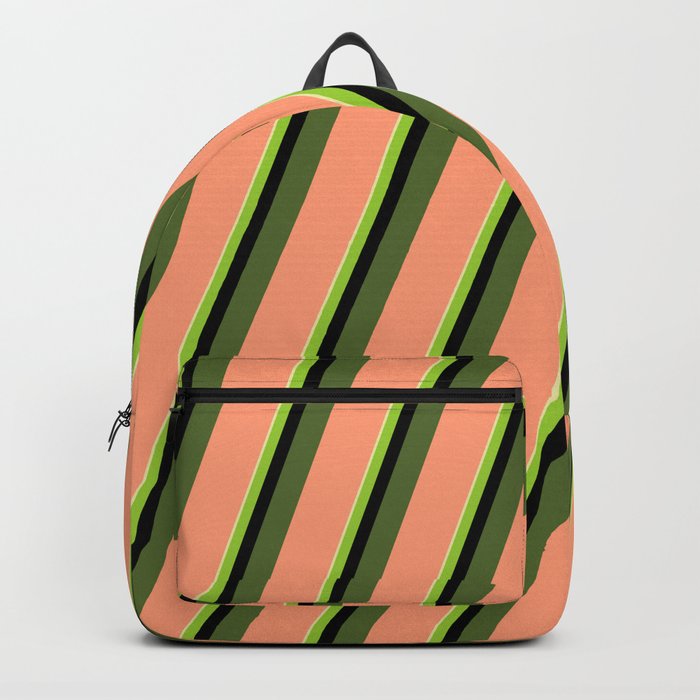 Colorful Pale Goldenrod, Green, Black, Dark Olive Green & Light Salmon Colored Lined/Striped Pattern Backpack