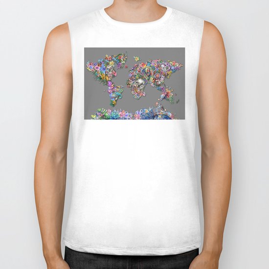 floral skull world map 1 Biker Tank