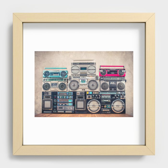Pillow Cover Retro design ghetto blaster stereo radio cassette tape  recorders boombox from circa 80s front concrete wall background. Vintage  instagram old style filtered photo 