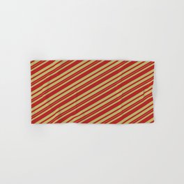 [ Thumbnail: Red and Dark Khaki Colored Stripes Pattern Hand & Bath Towel ]