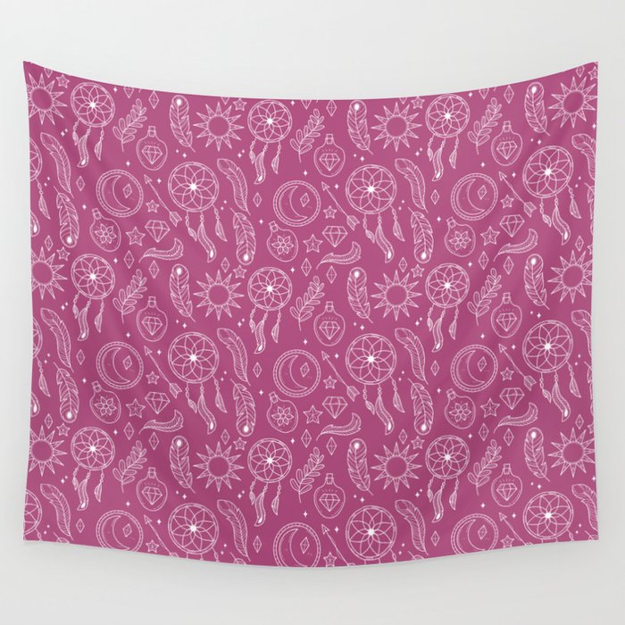 Magenta And White Hand Drawn Boho Pattern Wall Tapestry