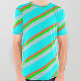 [ Thumbnail: Red, Lime, Powder Blue & Cyan Colored Lined/Striped Pattern All Over Graphic Tee ]