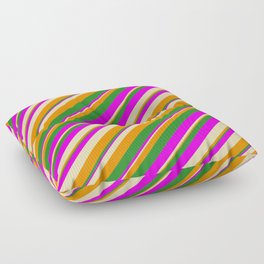 [ Thumbnail: Tan, Dark Orange, Forest Green, and Fuchsia Colored Striped Pattern Floor Pillow ]