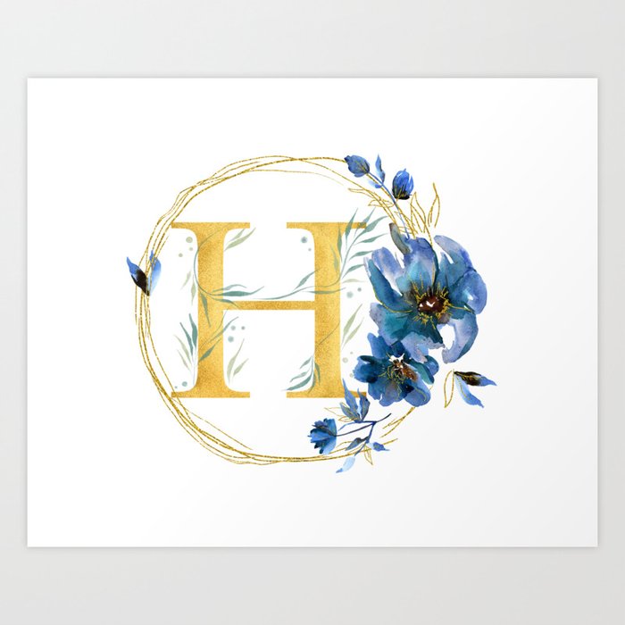 Letter H Golden With Watercolor Flowers Initial Monogram Art Print