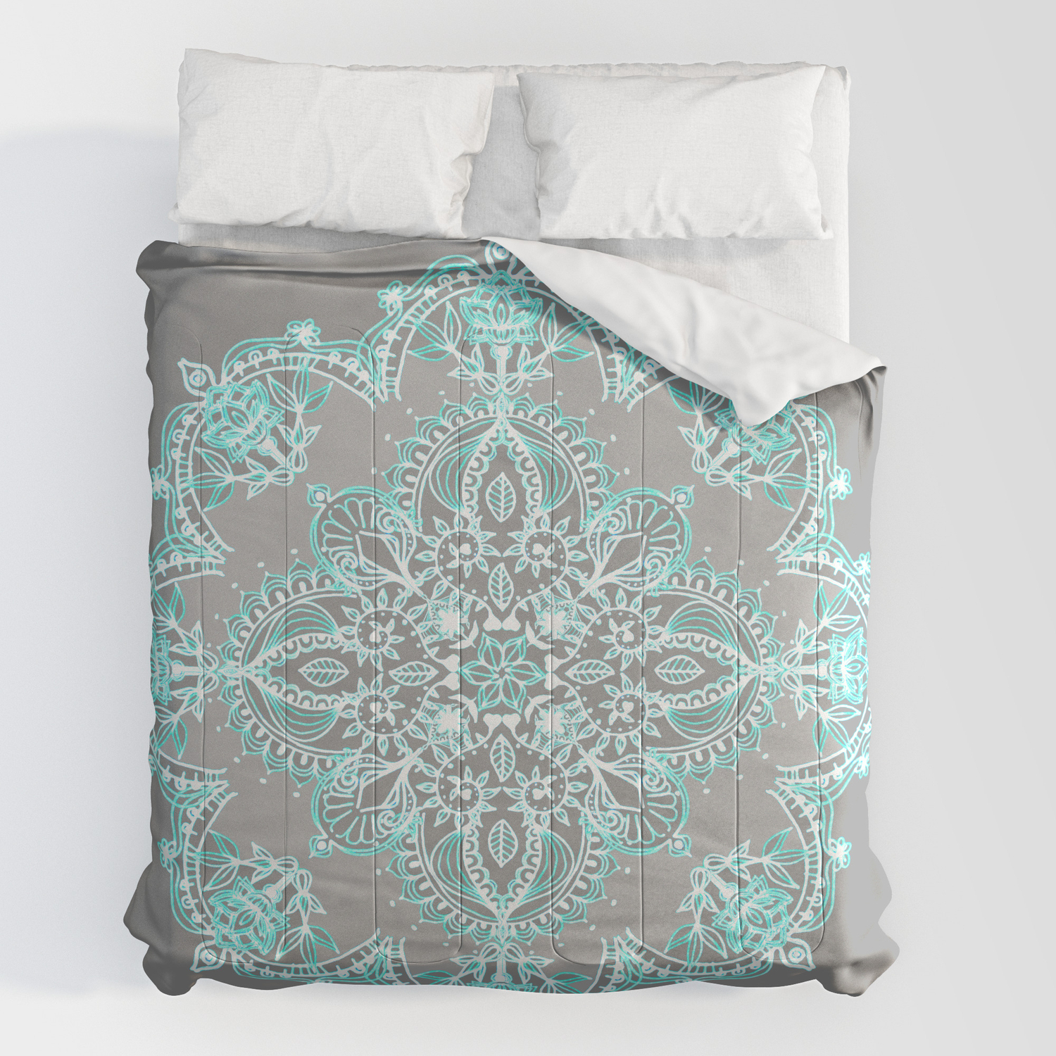 Teal And Aqua Lace Mandala On Grey Comforters By Micklyn Society6